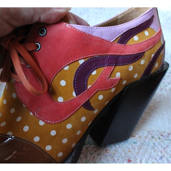 John Fluevog Dali Orange Contrast Western Lace Up Suede Heeled Shoes M10/W12 - Picture 6 of 8